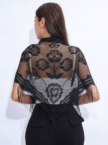 1pc Ladies Black & White Lace Flower Tassel Sheer Triangle Scarf, Breathable Shawl For Spring, Summer, Autumn, Fashion & Elegant For Party - A - View 3