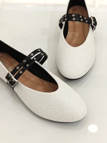 RevReaL Glitter Mary Jane Flats With Double Straps - White - View 2