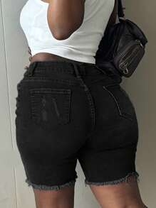 Celana Pendek Denim Elastis Pinggang Tinggi Gaya Eropa dan Amerika Terbaru, Warna Hitam, Kasual untuk Musim Panas - Hitam - View 2