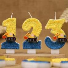 1pc Shiny Blue & Yellow Construction Truck Numeral Candle - Architecture & Engineering Theme Truck Number Candle 0-9 For Birthday Cake Decoration, Happy Birthday Celebration, Suitable For Engineers, Interesting Flashing Birthday Candle Cake Decoration For Birthday Party, Anniversary Celebration