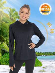 Women's Summer UPF50+ Sun UV Protection Hoodie Shirts Outdoor Long Sleeve Hiking Athletic T-Shirt With Thumb Holes Breathable Lightweight Tee Tops - 黑色 - 查看 2