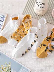 4 Pairs Vintage Floral Embossed Short Socks For Women, Yellow And Blue - Multicolor - View 7