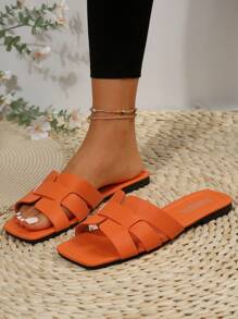 Women Snake Embossed Flat Sandals, Minimalist Style Summer Leather Flat Sandals