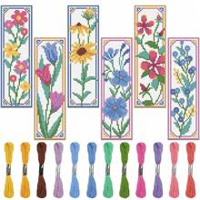 Kit de arte faça você mesmo com 6 peças/conjunto de marcadores de ponto cruz floral de desenho animado - Inclui marcadores de ponto cruz com padrão floral de tulipa e girassol - Contém 6 panos de ponto cruz impressos, linhas de bordado abundantes, ferramentas de costura (cor aleatória) e instruções em inglês - Fácil para iniciantes e amantes de artesanato - Pode ser usado como marcadores de página e decoração de casa, presentes - Multicolorido - Ver 1