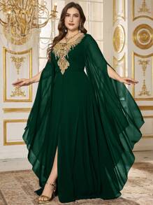 SUPGIR 加大方领长袖金色亮片连衣裙、优雅连衣裙、派对礼服、婚礼宾客礼服、正式礼服、晚礼服、长袍 - 墨綠色 - 查看 3