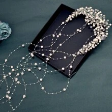 1pc Elegant Silver Pearl Crystal Tassel Headband, Handmade Shiny Bridal Headdress Accessories Suitable For Wedding, Party, All Seasons