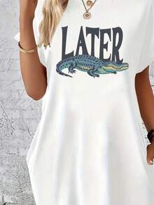 鳄鱼印花短袖连衣裙春夏休闲短袖连衣裙女士服装 - 白色 - 查看 2