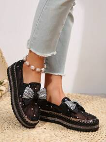 Damskie buty sportowe w dużych rozmiarach na jesień/zimę, zdobione kryształkami, przeszycia motylkowe, płaskie, okrągłe noski, gumka, buty codzienne, trampki damskie - Czarne - Zobacz 5