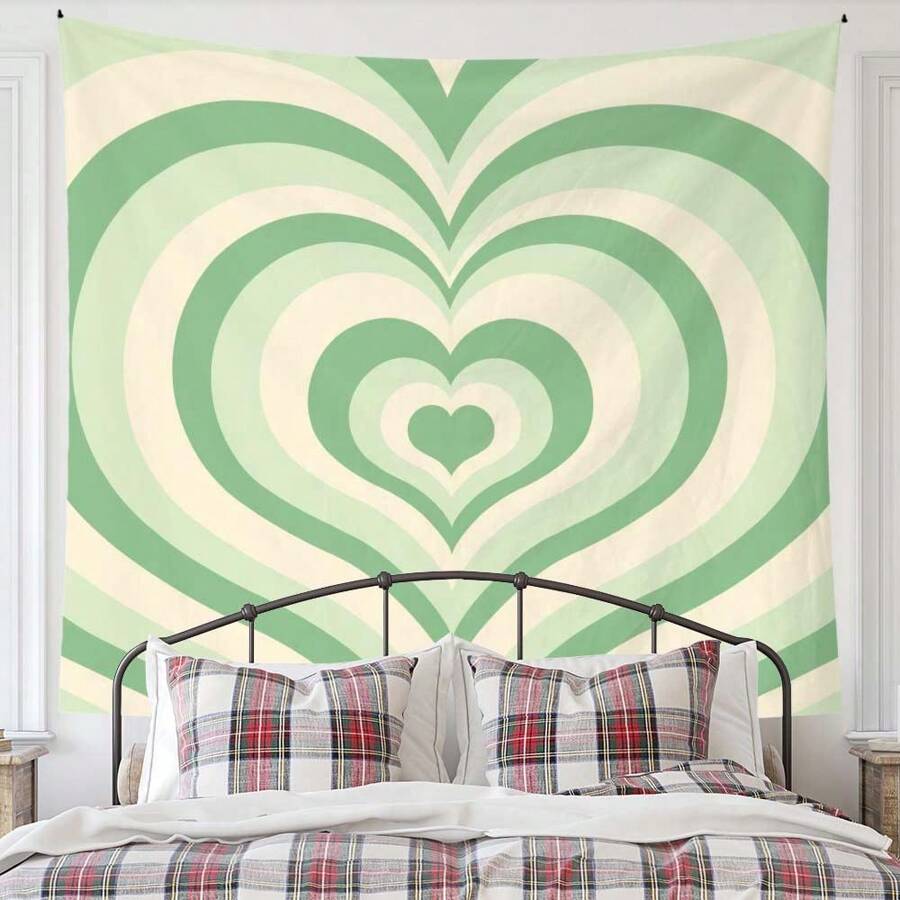 心形美学挂毯壁挂，适合女孩卧室、宿舍装饰 - 绿色和黄色心形图案，清新绿色挂毯，适用于房间装饰 - 綠色愛心 - 查看 1