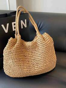 Fashion Large Capacity Holiday Beach Bag, Women Straw Tote Shoulder Bag, Casual Woven Shoulder Bag Suitable For Travel, Beach, Picnic, Great Gift For Ladies & Mothers, Summer Straw Beach Bag For Women, Vacation Essentials, Perfectly Matching With Beach Accessories Women, Fashion Summer Vacation Bag, Beach Essentials Women Bags For Vacation & Holiday, Perfect For Summer, Vacation & Beach, Hottest Beach Bags - Khaki - View 5