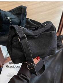 复古帆布包开学季单肩包帆布包大容量健身包斜挎包男女韩版单肩帆布个性文艺牛仔大容量水洗布班包斜挎包 - 黑色 - 查看 6