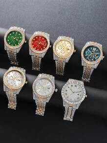 7pcs/Set Fashionable Rhinestone Faux Three-Eye Quartz Watch Set, Suitable Gift For Friends, Girlfriend, Brother, Lover, Mother, Holiday Gift - Multicolor - View 3