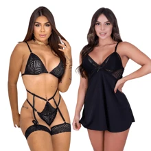 Lace Backless Camisole Kit + Garter Belt Set - Negro - Ver 1