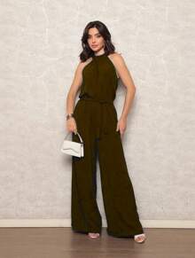 Women's Jumpsuit With Belt And Pocket - Coffee Brown - View 2