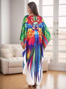Plus Size Parrot Print Kaftan Dress Women Spring Vacation Beach Outfits - Multicolor - View 2