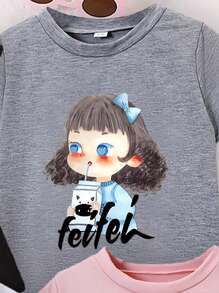 4 Teile für Mädchen, Katzen, Slogan Muster Lässig Rundhals Kurzarm T-Shirt, geeignet für Frühlings-, Sommer- und Herbstmode