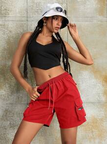 Y2K Streetwear Style Drawstring Elastic Waist Flap Pocket Zipper Detail Loose Casual Outdoor Cargo Shorts Summer Red - Red - View 5