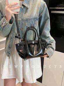 1 件 Low Tea 纯色 PU 皮革女士手提包，休闲时尚饺子形状双手柄设计按扣适合旅行、购物、约会、女士礼物，适合青少年、女大学生、初学者和白领，非常适合办公室、校园、工作、商务、通勤、户外、旅行、徒步旅行 - 黑色 - 查看 7