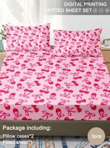 3 件套粉色背景樱桃水果可爱蝴蝶结印花床上用品套装（1 件床笠 + 2 件枕套，无填充物），柔软亲肤的涤纶纤维，适合卧室日常使用，四季皆宜