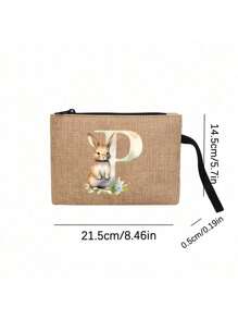 1pc Khaki Linen Makeup Bag With Letters And Rabbits Printed On It, Rabbit Print Fashionable Wreath Letter Pattern,Coin Wallet, Makeup Bag, Ladies' Birthday Gift, Teacher's Thank You Gift - Khaki - View 10