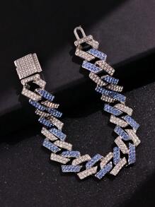 1 Pieza Pulsera De Metal Decorada Con Diamantes De Imitación Y Color Plateado Y Azul De Moda Para Hombres - Azul - Ver 2