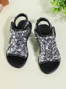1 Pair Plus Size Toddler/Little Girls' Black Glitter PU Colorful Sequin T-Strap Flat Sandals, Round Toe Open Toe Fashion Cute Roman Style Suitable For 3-15 Years Old Girls, Daily Casual, Party, Beach, Spring/Summer - View 4