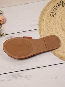 1 Pair Plus Size Brown Flat Slide Sandals For Teenage Girls, Solid Color PU Strap, Round Toe, Open Toe, Cute Roman Style, Suitable For Casual, Gatherings, Travel & Vacation, Spring/Summer New 2025 - Brown - View 7
