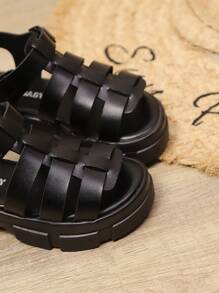 1 Pair Girls' Comfortable Waterproof Platform Black Sandals, Suitable For Summer