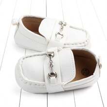 White Infant Bean Shoes,Male And Female Babies The Same Style,Metal Lock Design,Soft Sole Non-Slip Simple Fashion,Flat Shoes For Newborns - White - View 4