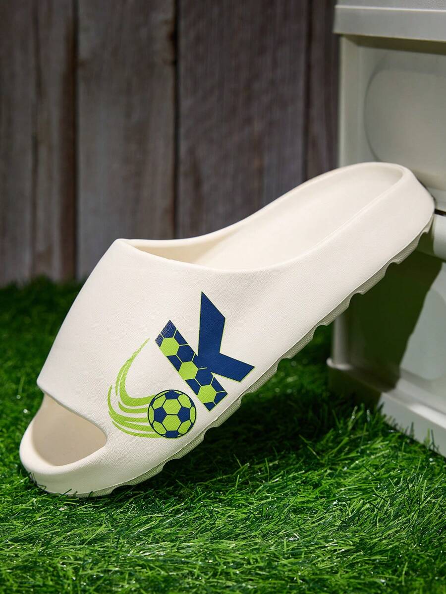 Plus Size Men's Fashion Sports Style Football & Letter Graphic Indoor/Outdoor Slippers, Versatile Beach & Couple Flip Flops (Multiple Sizes Available) - Beige - View 1