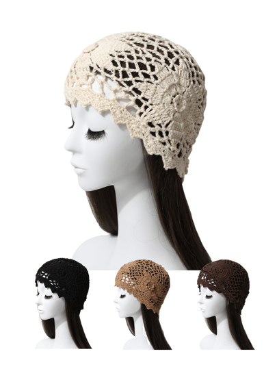 1pc Women's Spring/Summer Handmade Crochet Mesh Floral Hollow Out Vintage Elegant Breathable Thin Knit Cap, Handmade Knit Headband Beanie, Fashionable