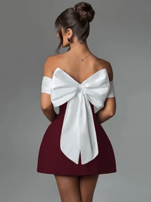 WOWDARK Damen Mode Schleife Off-Shoulder Kontrastfarben Kleid, Herbst