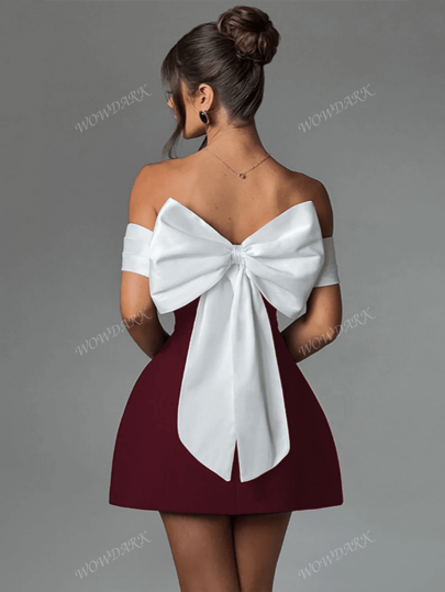 WOWDARK Women's Autumn Bowknot Off Shoulder Color-Blocking Dress