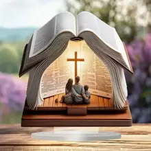 1 sztuka, 2D płaski, czeski akrylowy otwarty ornament dekoracyjny w formie książki, duchowy wzór krzyża, odpowiedni do domu i biura, wielofunkcyjny pulpit i dekoracja wejścia