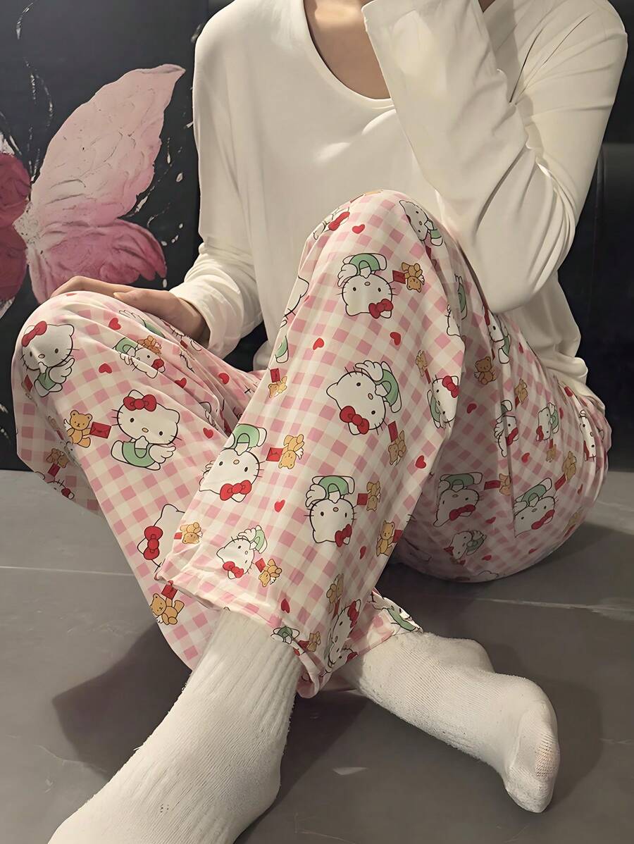 女式 Hello Kitty 可爱卡通印花裤、睡裤、舒适宽松、适合所有季节 - 粉色 - 查看 1