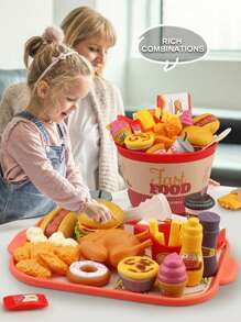 80 件/60 件/40 件逼真食物汉堡、薯条、披萨套装、厨房烹饪角色扮演玩具、配件丰富、手眼协调、亲子互动、生日礼物 - 彩色 - 查看 8