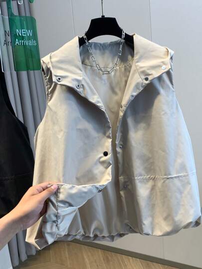 秋季新款时尚百搭荷叶边下摆设计纯色梭织宽松休闲无袖女式连帽背心