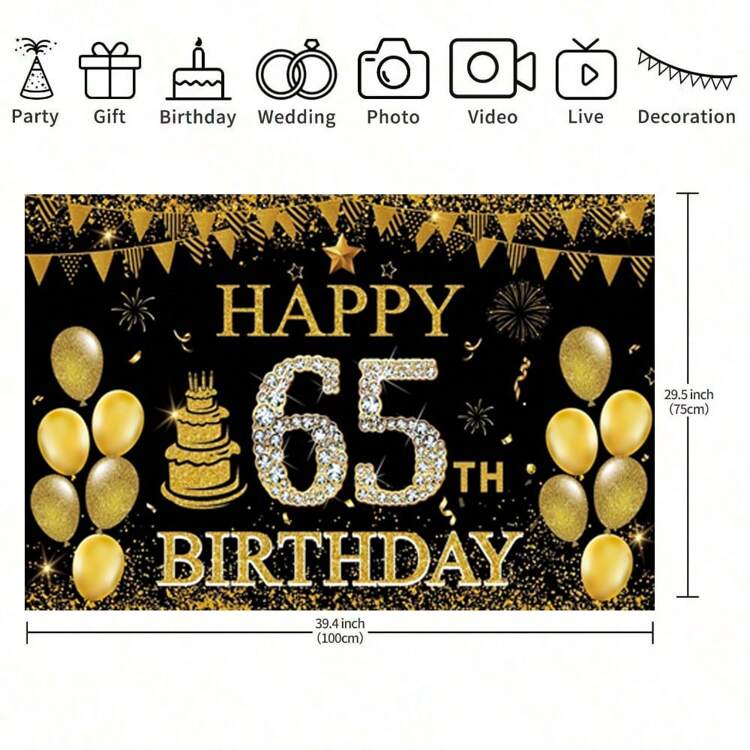 1pc Men's And Women's 65th Birthday Party Backdrop Curtains - Black Gold Polyester Fabric Party Decorations - Four Seasons Indoor Celebration Wall Decor Banner For Wall Decoration, Photo Booth, Indoor/Outdoor Use, Four Seasons Party Decorations, Multi-Purpose, Suitable For Home, Garden, Photo Studio And Outdoor Events - Multicolor - View 7