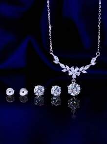 1 Set de joyas de plata de ley 925 auténtica con cúbicos de zirconia brillantes incrustados en forma de flor y hoja, incluyendo collar colgante y pendientes, regalos para bodas, compromisos, fiestas nupciales y festivales para mujeres