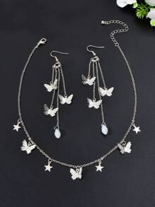 3pcs New Arrival Silver Star Butterfly Charm Necklace Long Chain Tassel Butterfly Earrings Dinner Jewelry Set