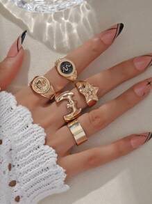 5pcs/Set Pentagram, Bat, Snake Design Fashion Rings, European And American Style, Hip Hop
