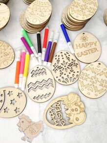 10Pcs Random Style Easter Wooden Eggs, DIY Graffiti Painted Wooden Pendant For Room, Party, Patio Decoration Crafts Free Lanyard