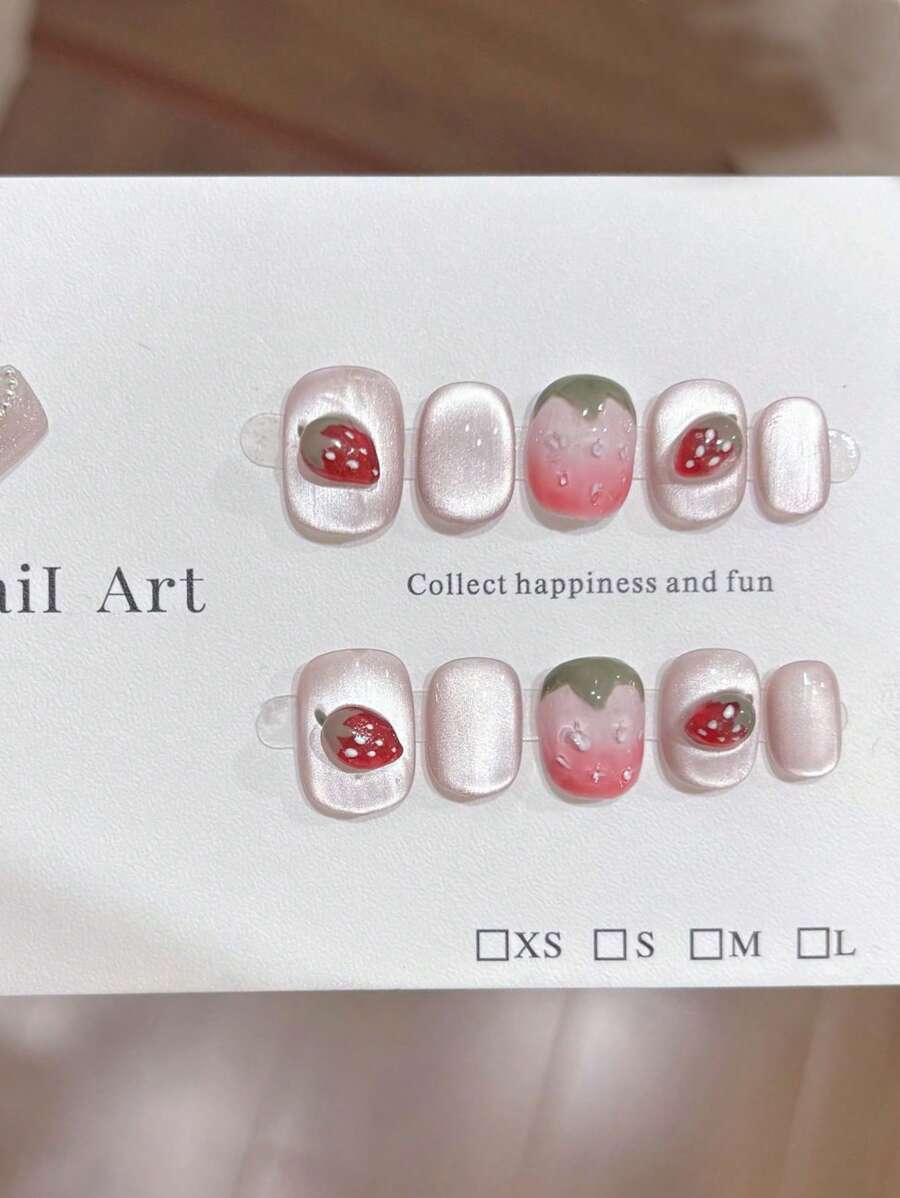 10 قطع أظافر قطّة باللون الوردي اللامع بتصميم يدوي ثلاثي الأبعاد على شكل الفراولة، ملصقات فني أظافر حلوة، قابلة لإعادة الاستخدام