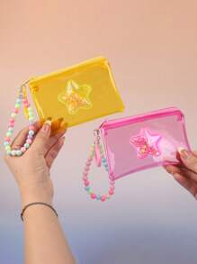 1 pieza Monedero transparente de PVC de moda para niñas, bolsa pequeña con diseño de estrellas brillantes de colores, bolsa con cremallera con dije de cuentas de colores - Multicolor - Ver 3