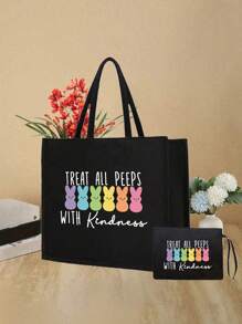 Colorful Cartoon Rabbit Pattern Printed Black Linen Handbag,Cute Rabbit Pattern,"Treat All With Kindness"Pattern ,Easter Bunny,Large Capacity Cosmetic Bag With Hand Rope,Hanging Toiletry Bag,Travel Cosmetic Bags