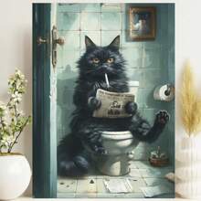 Framed Humorous Black Cat On Toilet Reading Newspaper Canvas Art Print - Unique Bathroom Wall Decor For Cat Lovers - Canvas Poster - Framed - View 1