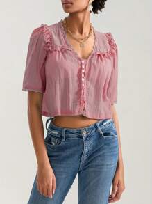 Women Short Sleeve Shirts Lace Ruffles Buttons Blouses Summer Loose Casual Tops - Dusty Pink - View 1