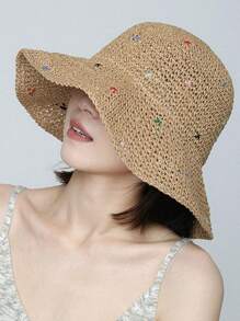 1pc Women's Handmade Straw Sun Hat, Foldable Wide Brim Bucket Hat For Outdoor, Beach, Vacation
