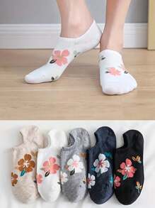 5 pares de calcetines invisibles finos con estampado floral para mujer, calcetines de corte bajo transpirables para damas