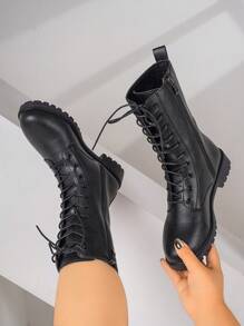 Women's Fashionable Lace-Up Mid-Calf Boots, Motorcycle Boots, Short Boots, High-Top Anti-Slip Boots, Casual & Comfortable With Side Zipper, For Outdoor, Riding, Autumn/Winter, Black, Plus Size